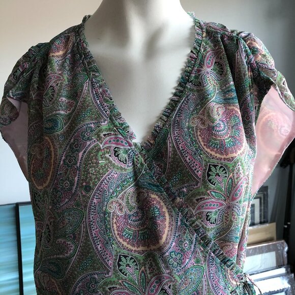 All Saints Zini Shahmina Lined Lightweight Paisley Wrap Dress Grn Pnk Sz 8 NWT - Picture 5 of 12